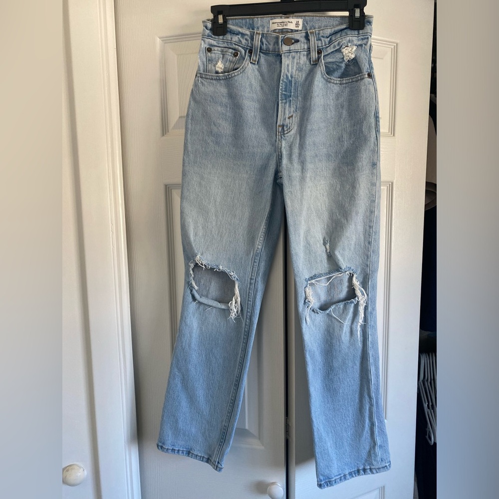 Abercrombie and Fitch Ultra High Rise 90s Straight Light Blue Distressed Jeans